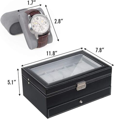 ان اي اكس صندوق ساعة، منظم ساعات بطبقتين و12 فتحة مع صينية عرض مجوهرات للرجال، اسود in Kuwait