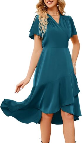 JASAMBAC Women's Satin Dress Slit Short Sleeve A Line Ruffle Hem Wedding Cocktail Midi Dresses in Saudi Arabia