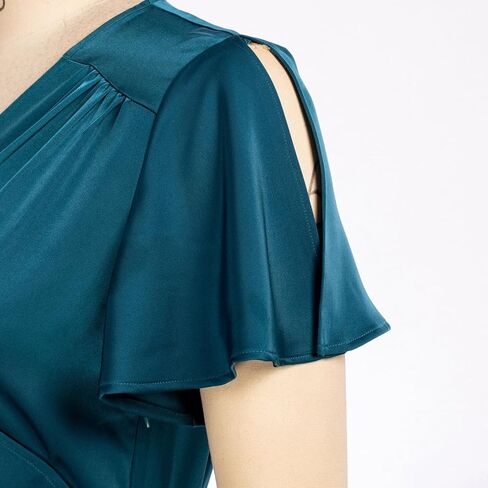 JASAMBAC Women's Satin Dress Slit Short Sleeve A Line Ruffle Hem Wedding Cocktail Midi Dresses in Saudi Arabia