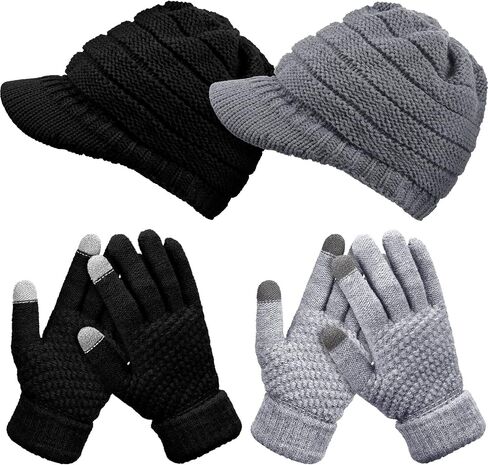 2 Sets Winter Hats Gloves for Women Knit Beanie Slouchy Women Winter Brim Hat Women Touchscreen Glove Winter Beanie with Brim in Kuwait
