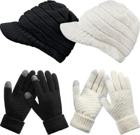 2 Sets Winter Hats Gloves for Women Knit Beanie Slouchy Women Winter Brim Hat Women Touchscreen Glove Winter Beanie with Brim in Kuwait