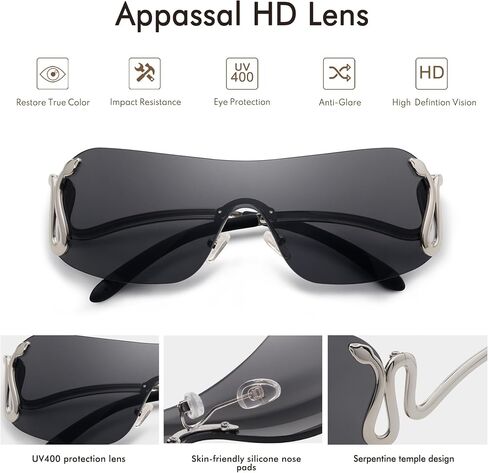 Appassal Rimless Y2k Sunglasses for Women Men Trendy Wrap Around Snake Oversized Shades AP3652 in Kuwait