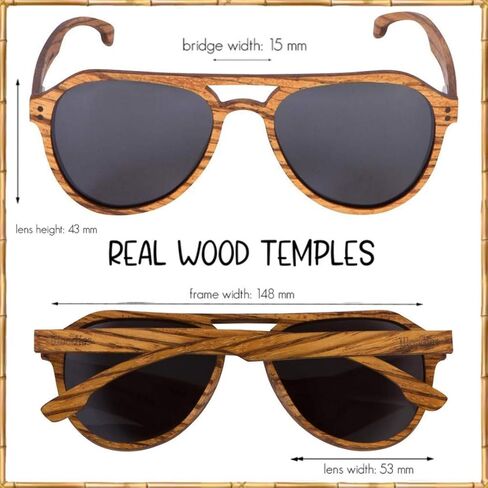 ووديز نظارة شمسية افياتور بعدسات مستقطبة من خشب الحمار الوحشي بالكامل للرجال والنساء | عدسات مستقطبة سوداء واطار خشبي حقيقي | حماية 100% من الاشعة فوق البنفسجية فئة A وB، لون زيبراود، مقاس M, زيبرا, M in Kuwait