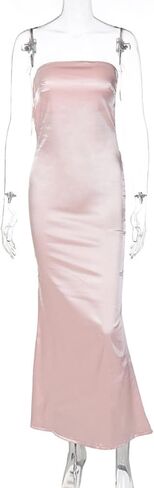 JUMISEE Women's Satin Strapless Maxi Dress Sexy Sleeveless Backless Draped Bodycon Long Cocktail Evening Party Dress in Kuwait