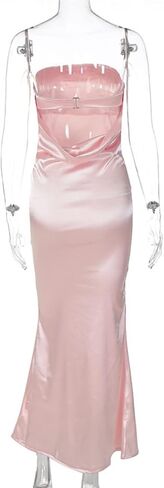 JUMISEE Women's Satin Strapless Maxi Dress Sexy Sleeveless Backless Draped Bodycon Long Cocktail Evening Party Dress in Kuwait