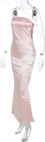 JUMISEE Women's Satin Strapless Maxi Dress Sexy Sleeveless Backless Draped Bodycon Long Cocktail Evening Party Dress in Kuwait