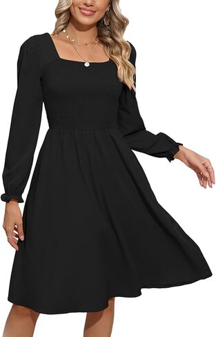 فستان بيريدريس نسائي بأكمام طويلة ورقبة مربعة ومزين بالورود بطول الركبة فستان كاجوال للحفلات مع جيوب in Kuwait