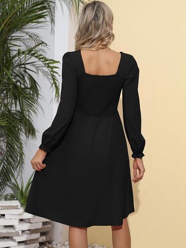 فستان بيريدريس نسائي بأكمام طويلة ورقبة مربعة ومزين بالورود بطول الركبة فستان كاجوال للحفلات مع جيوب in Kuwait