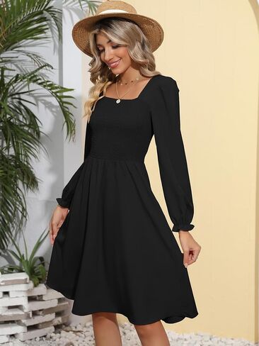 فستان بيريدريس نسائي بأكمام طويلة ورقبة مربعة ومزين بالورود بطول الركبة فستان كاجوال للحفلات مع جيوب in Kuwait