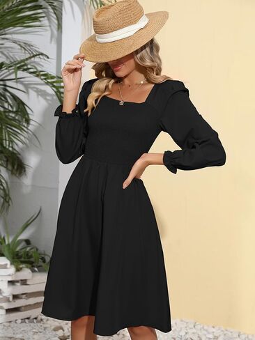 فستان بيريدريس نسائي بأكمام طويلة ورقبة مربعة ومزين بالورود بطول الركبة فستان كاجوال للحفلات مع جيوب in Kuwait