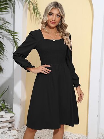 فستان بيريدريس نسائي بأكمام طويلة ورقبة مربعة ومزين بالورود بطول الركبة فستان كاجوال للحفلات مع جيوب in Kuwait