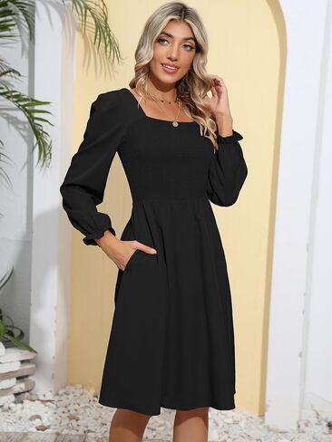 فستان بيريدريس نسائي بأكمام طويلة ورقبة مربعة ومزين بالورود بطول الركبة فستان كاجوال للحفلات مع جيوب in Kuwait