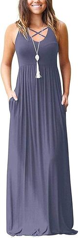 فساتين Ezbelle النسائية الطويلة بدون أكمام بظهر Racerback مع جيوب، فستان طويل فضفاض سادة in Kuwait