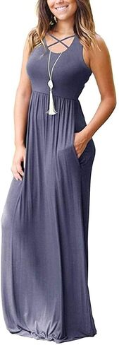 فساتين Ezbelle النسائية الطويلة بدون أكمام بظهر Racerback مع جيوب، فستان طويل فضفاض سادة in Kuwait