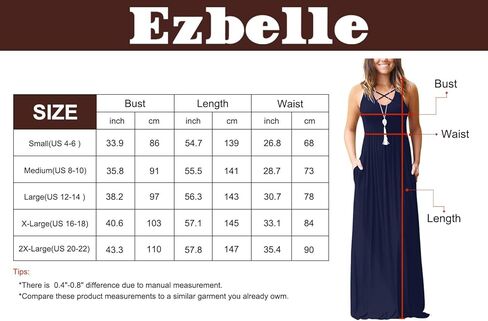 فساتين Ezbelle النسائية الطويلة بدون أكمام بظهر Racerback مع جيوب، فستان طويل فضفاض سادة in Kuwait