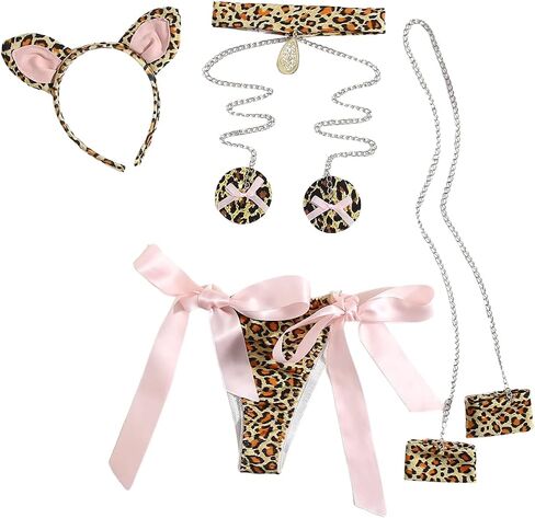 WDIRARA Women's 4 Pieces Leopard Print Chain Strap Bow Lingerie Costume Set in Saudi Arabia