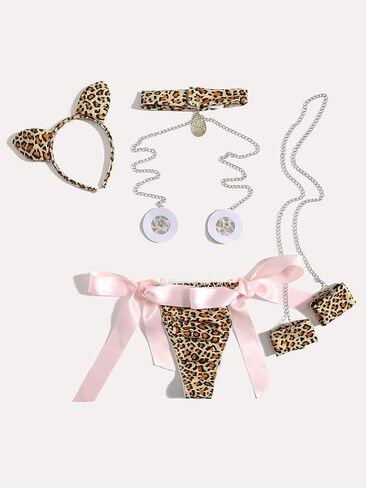 WDIRARA Women's 4 Pieces Leopard Print Chain Strap Bow Lingerie Costume Set in Saudi Arabia