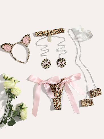 WDIRARA Women's 4 Pieces Leopard Print Chain Strap Bow Lingerie Costume Set in Saudi Arabia