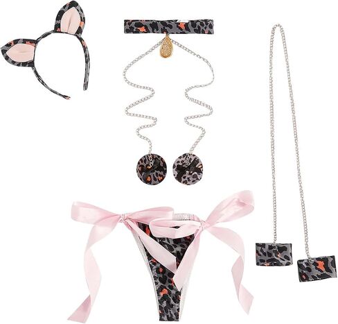 WDIRARA Women's 4 Pieces Leopard Print Chain Strap Bow Lingerie Costume Set in Saudi Arabia