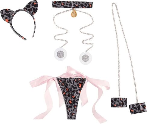 WDIRARA Women's 4 Pieces Leopard Print Chain Strap Bow Lingerie Costume Set in Saudi Arabia