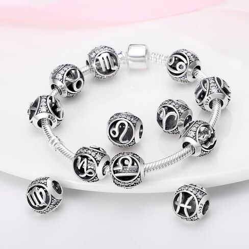 TINSLO Zodiac Sign Bead Birthday Charms 925 Sterling Silver Birthstone Charms Fits Women's Charm Bracelet & Necklace Bangle Gifts for Girls & Friends in Kuwait