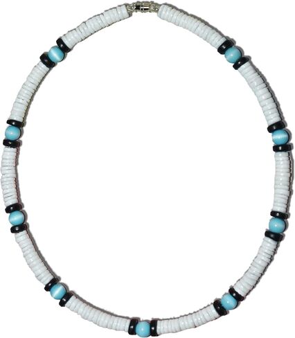 Native Treasure White Clam Heishe Puka Shell Necklace Blue Cat-Eye Black Coco Surfer Necklace Choker- 8mm (5/16") in Kuwait