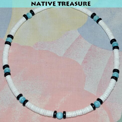Native Treasure White Clam Heishe Puka Shell Necklace Blue Cat-Eye Black Coco Surfer Necklace Choker- 8mm (5/16") in Kuwait