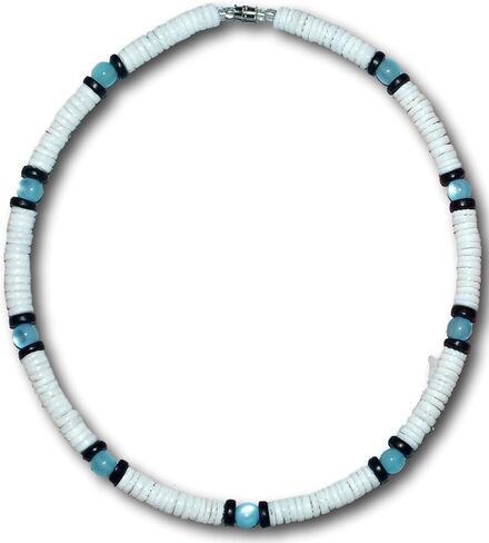 Native Treasure White Clam Heishe Puka Shell Necklace Blue Cat-Eye Black Coco Surfer Necklace Choker- 8mm (5/16") in Kuwait