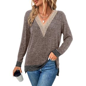 Florboom Womens Long Sleeve Sweater Lace V Neck Color Block Loose Knit Tunic Tops Shirt Blouse