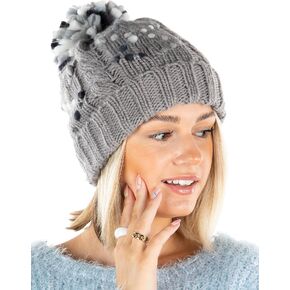 Funky Junque Womens Beanie Chunky Knit Slip Stitch Jumbo Yarn Feathered Pom Pom Hat