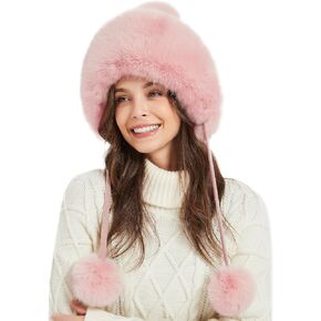 Winter Hats Cute Kint Hat Russian Fur Crochet Hat Slouchy Beanies with Pompom Warm Fuzzy Snow Cap Trapper Hat for Women