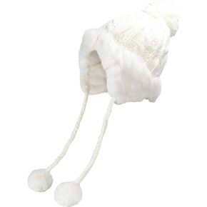 ZLYC Women Fashion Winter Warm Rabbit Fur Knit Bobble Beanie Cap Hat with Earflaps