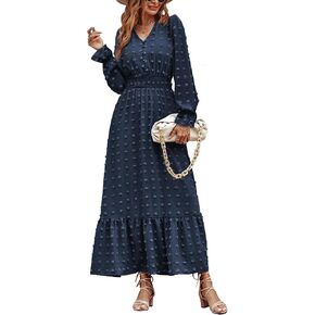 MASCOMODA Women Boho Maxi Dress 2023 Long Sleeve V Neck Swiss Dot Smocked High Waisted A-Line Ruffle Tiered Fall Long Dress in Saudi Arabia