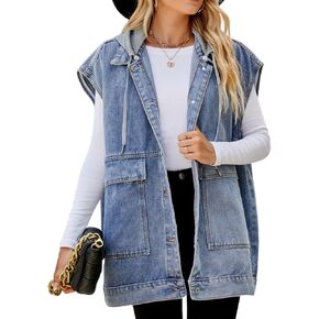 PAODIKUAI Women's Oversized Denim Vest Mid Long Jean Vest Sleeveless Jackets Distressed Vest Cotton
