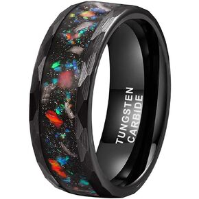 8mm Hammered Tungsten Rings for Men Women Engagement Wedding Bands Geunine Opal Meteorite Inlay Matte Finish Comfort Fit