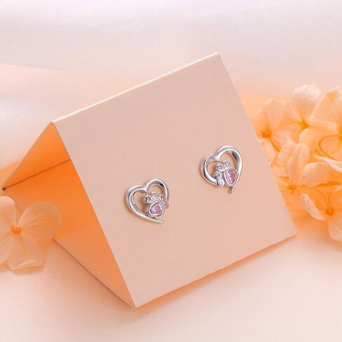 925 Sterling Silver Cute Heart CZ with Cat Puppy Paw Print Stud Earrings Gift for Women Teen Girls (Nickel Free) in Saudi Arabia