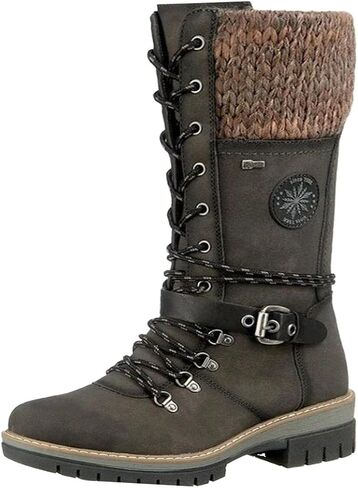 AngryMonkey Women's Winter Warm Mid-Calf Snow Boots,Knitted Suede Splicing Lace-up Non-Slip Waterproof Outdoor Casual Booties in Kuwait