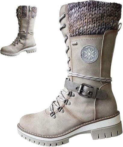 AngryMonkey Women's Winter Warm Mid-Calf Snow Boots,Knitted Suede Splicing Lace-up Non-Slip Waterproof Outdoor Casual Booties in Kuwait