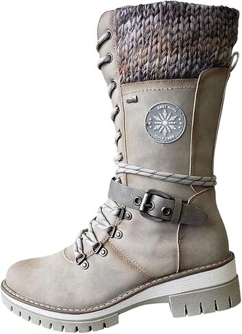 AngryMonkey Women's Winter Warm Mid-Calf Snow Boots,Knitted Suede Splicing Lace-up Non-Slip Waterproof Outdoor Casual Booties in Kuwait