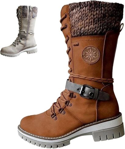 AngryMonkey Women's Winter Warm Mid-Calf Snow Boots,Knitted Suede Splicing Lace-up Non-Slip Waterproof Outdoor Casual Booties in Kuwait