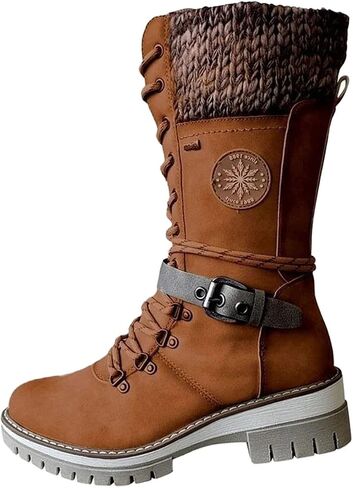 AngryMonkey Women's Winter Warm Mid-Calf Snow Boots,Knitted Suede Splicing Lace-up Non-Slip Waterproof Outdoor Casual Booties in Kuwait
