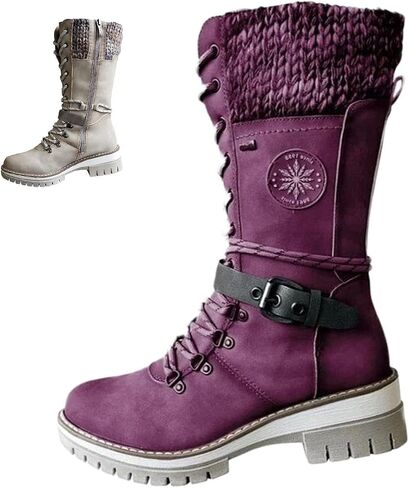 AngryMonkey Women's Winter Warm Mid-Calf Snow Boots,Knitted Suede Splicing Lace-up Non-Slip Waterproof Outdoor Casual Booties in Kuwait