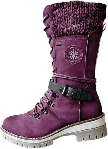 AngryMonkey Women's Winter Warm Mid-Calf Snow Boots,Knitted Suede Splicing Lace-up Non-Slip Waterproof Outdoor Casual Booties in Kuwait