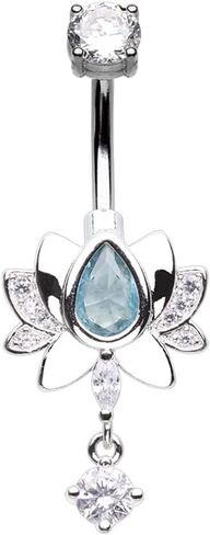 Pierced Owl 14GA Stainless Steel Blooming Lotus with Dangling CZ Crystal Belly Button Ring in Saudi Arabia