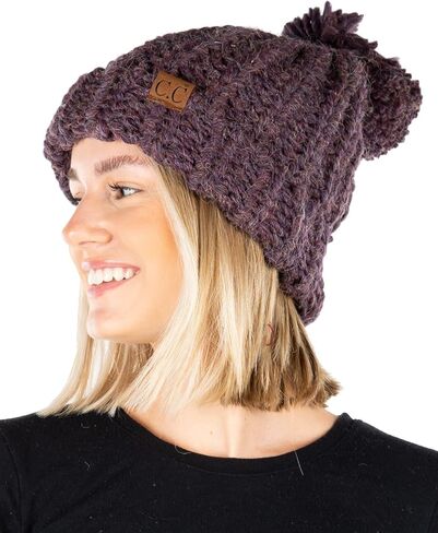 Funky Junque Womens Beanie Chunky Knit Slip Stitch Jumbo Yarn Feathered Pom Pom Hat in Kuwait