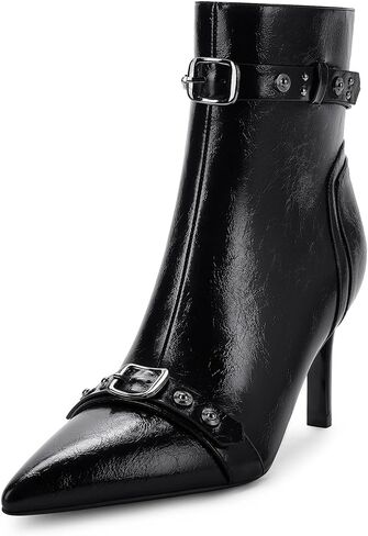 Easyfox إمرأة أشار تو حذاء من الجلد برشام أحذية عالية الكعب للنساء حجم سستة رصع الأحذية الأزياء مشبك الأحذية in Kuwait