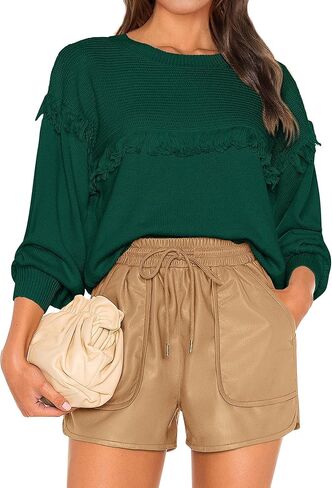 سترات خريف نسائية من Dowerme موضة 2023 بأكمام واسعة وفتحة رقبة دائرية بلوفر مكتنز فضفاض ومضلع ومتماسك بشرابة علوية in Kuwait