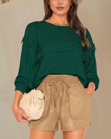 سترات خريف نسائية من Dowerme موضة 2023 بأكمام واسعة وفتحة رقبة دائرية بلوفر مكتنز فضفاض ومضلع ومتماسك بشرابة علوية in Kuwait