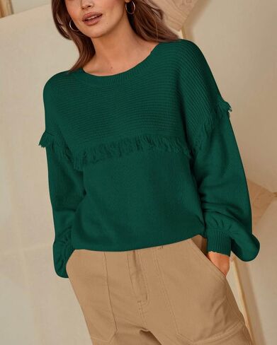 سترات خريف نسائية من Dowerme موضة 2023 بأكمام واسعة وفتحة رقبة دائرية بلوفر مكتنز فضفاض ومضلع ومتماسك بشرابة علوية in Kuwait