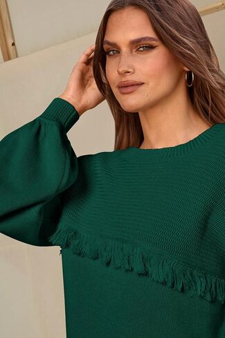 سترات خريف نسائية من Dowerme موضة 2023 بأكمام واسعة وفتحة رقبة دائرية بلوفر مكتنز فضفاض ومضلع ومتماسك بشرابة علوية in Kuwait